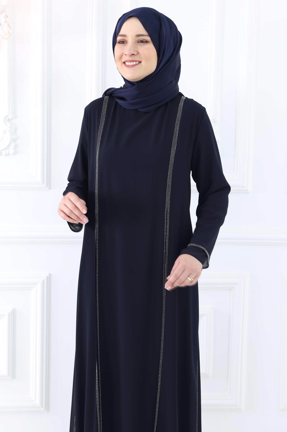 Hijab clothing NAVY BLUE EVENING DRESS WITH GEM T 0921