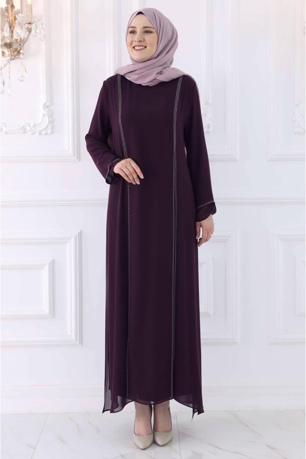 Hijab clothing PLUM EVENING DRESS WITH GEM T 0921 - TRENDTESETTÜR