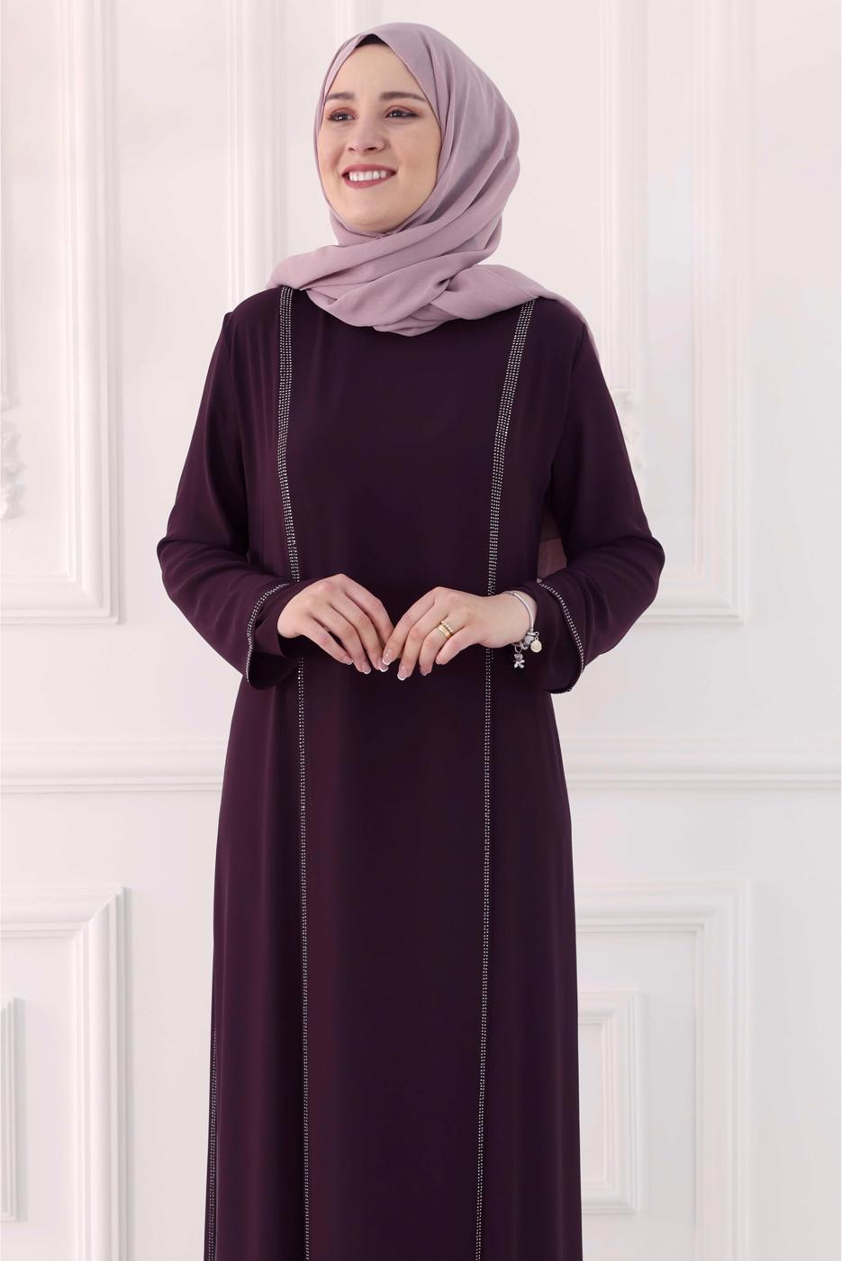 Hijab clothing PLUM EVENING DRESS WITH GEM T 0921