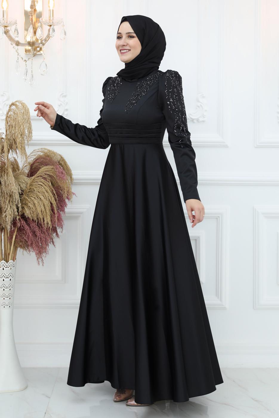 Hijab clothing BLACK EVENING DRESS WITH GEM T 1653