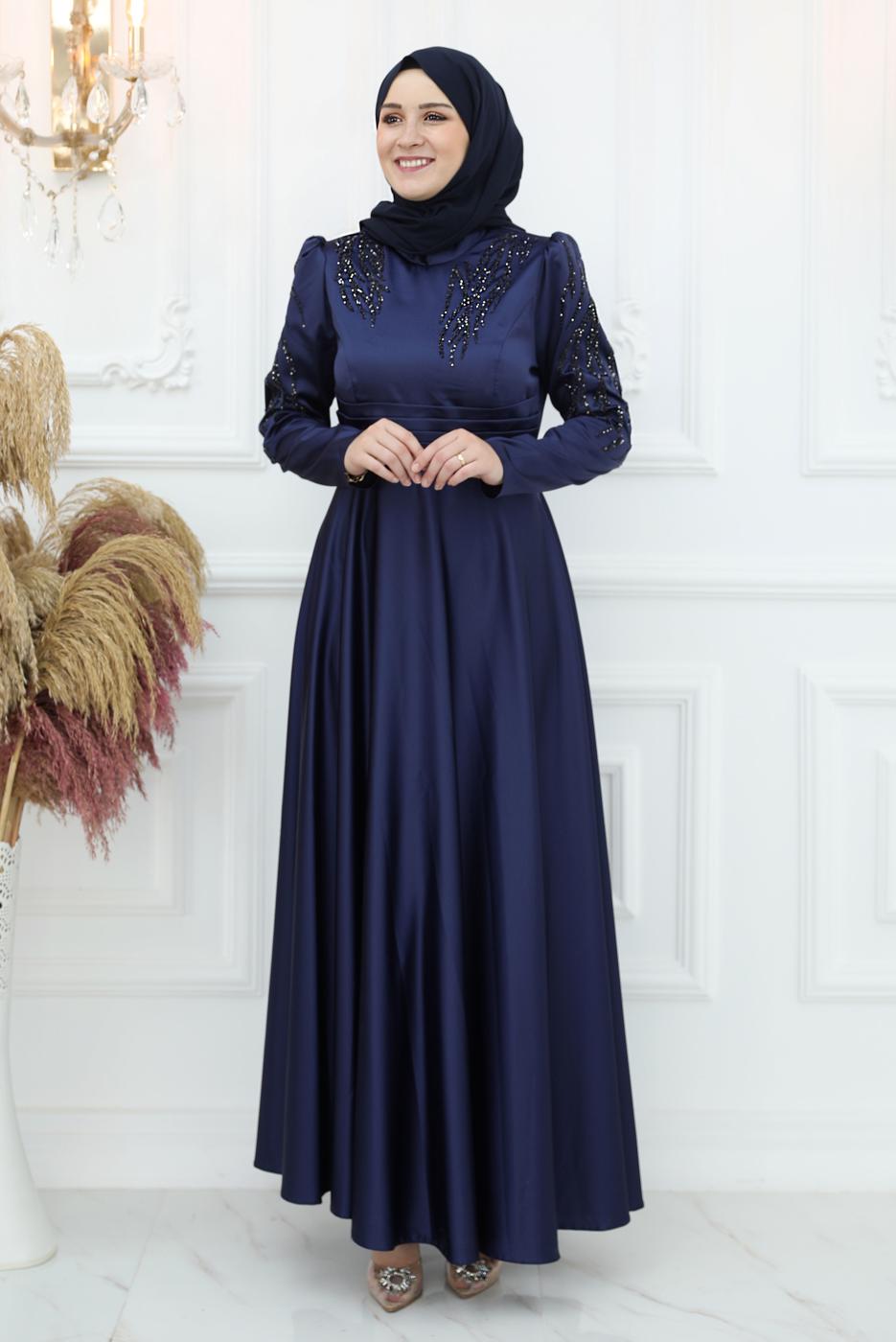 Hijab clothing NAVY BLUE EVENING DRESS WITH GEM T 1653