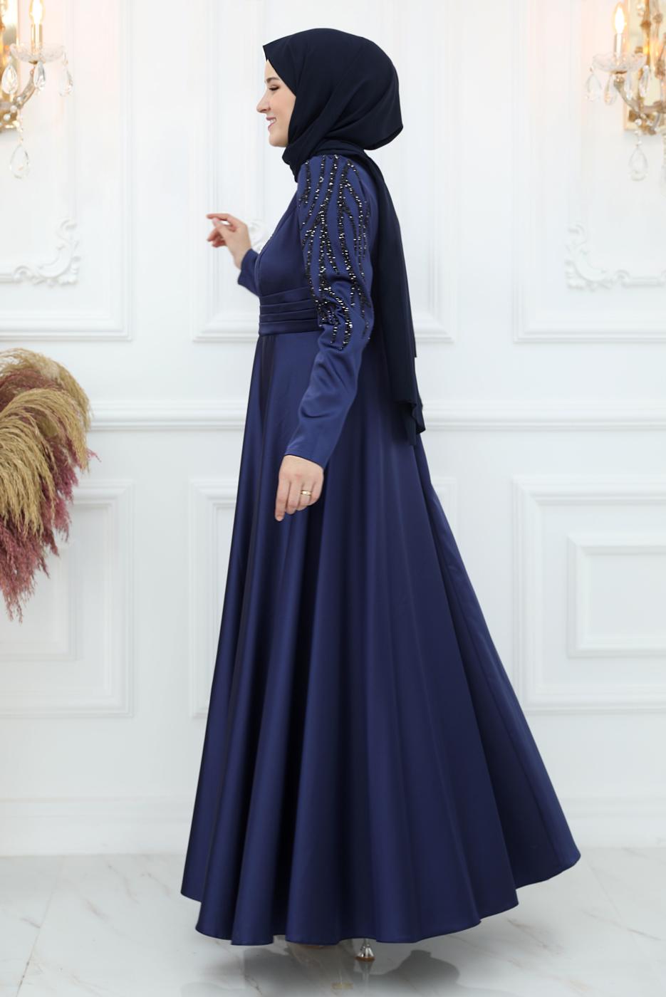 Hijab clothing NAVY BLUE EVENING DRESS WITH GEM T 1653