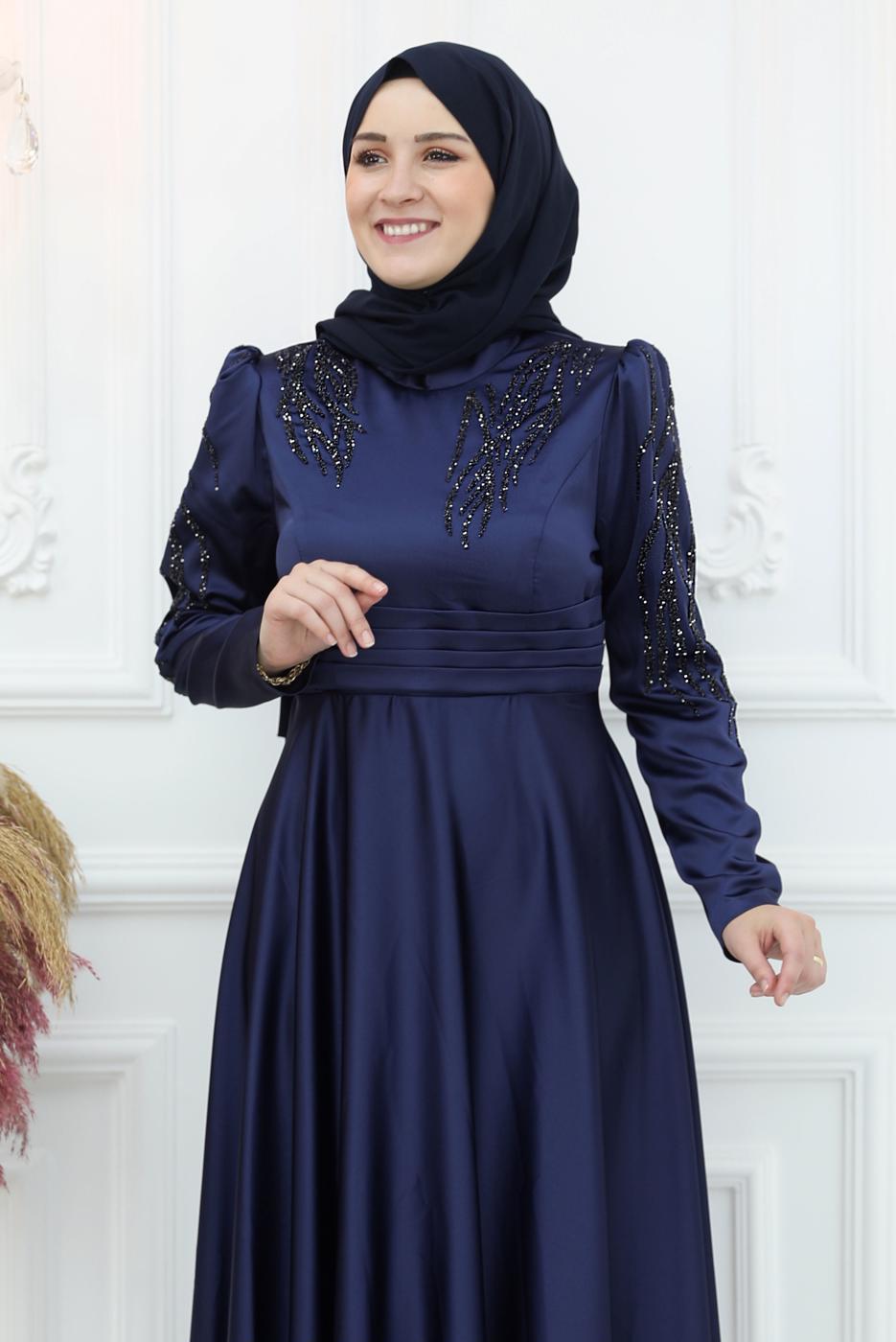 Hijab clothing NAVY BLUE EVENING DRESS WITH GEM T 1653