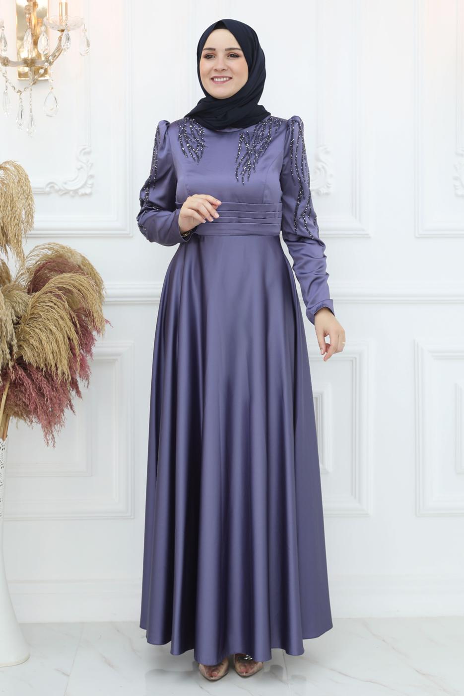 Hijab clothing NAVY BLUE EVENING DRESS WITH GEM T 1653