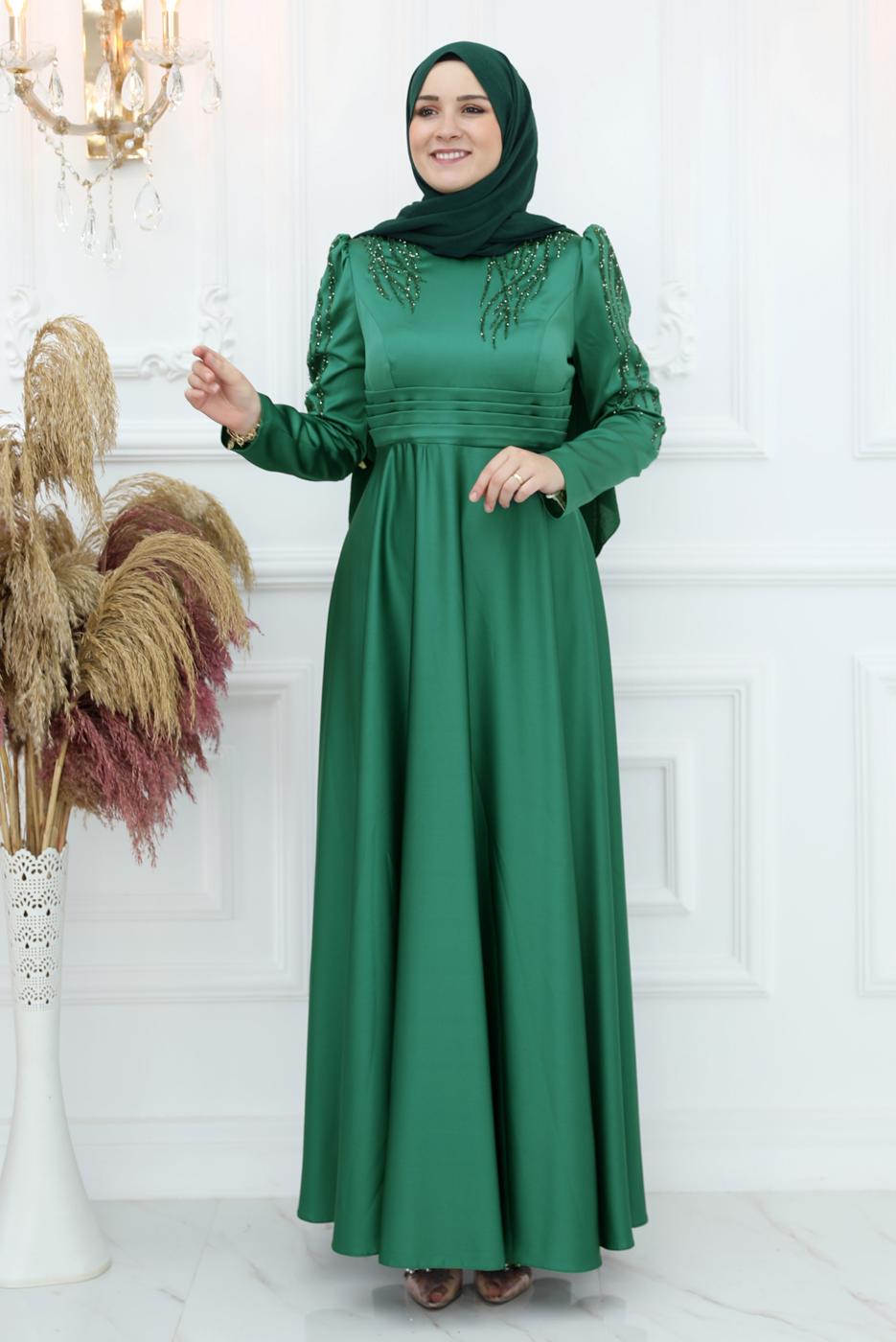 Hijab clothing GREEN EVENING DRESS WITH GEM T 1653