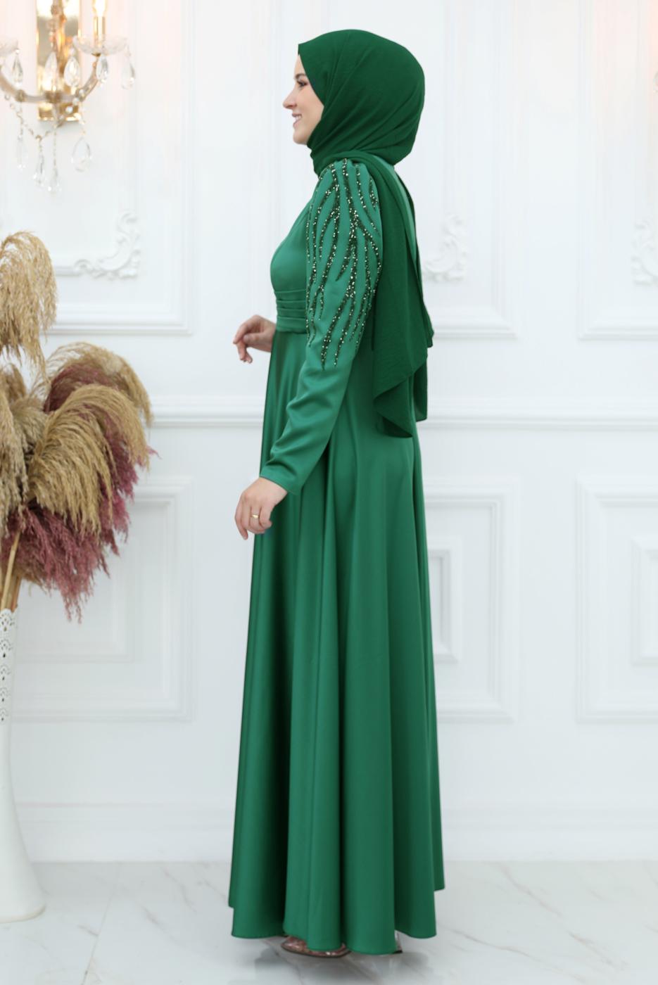 Hijab clothing GREEN EVENING DRESS WITH GEM T 1653