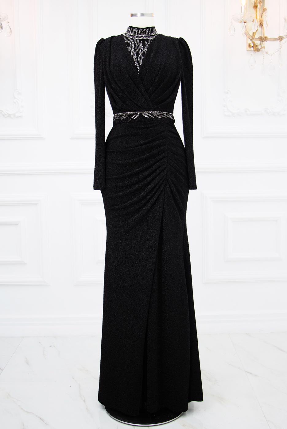 Tesettür giyim SİYAH TAŞ İŞLEMELİ ABİYE ELBİSE T 1753