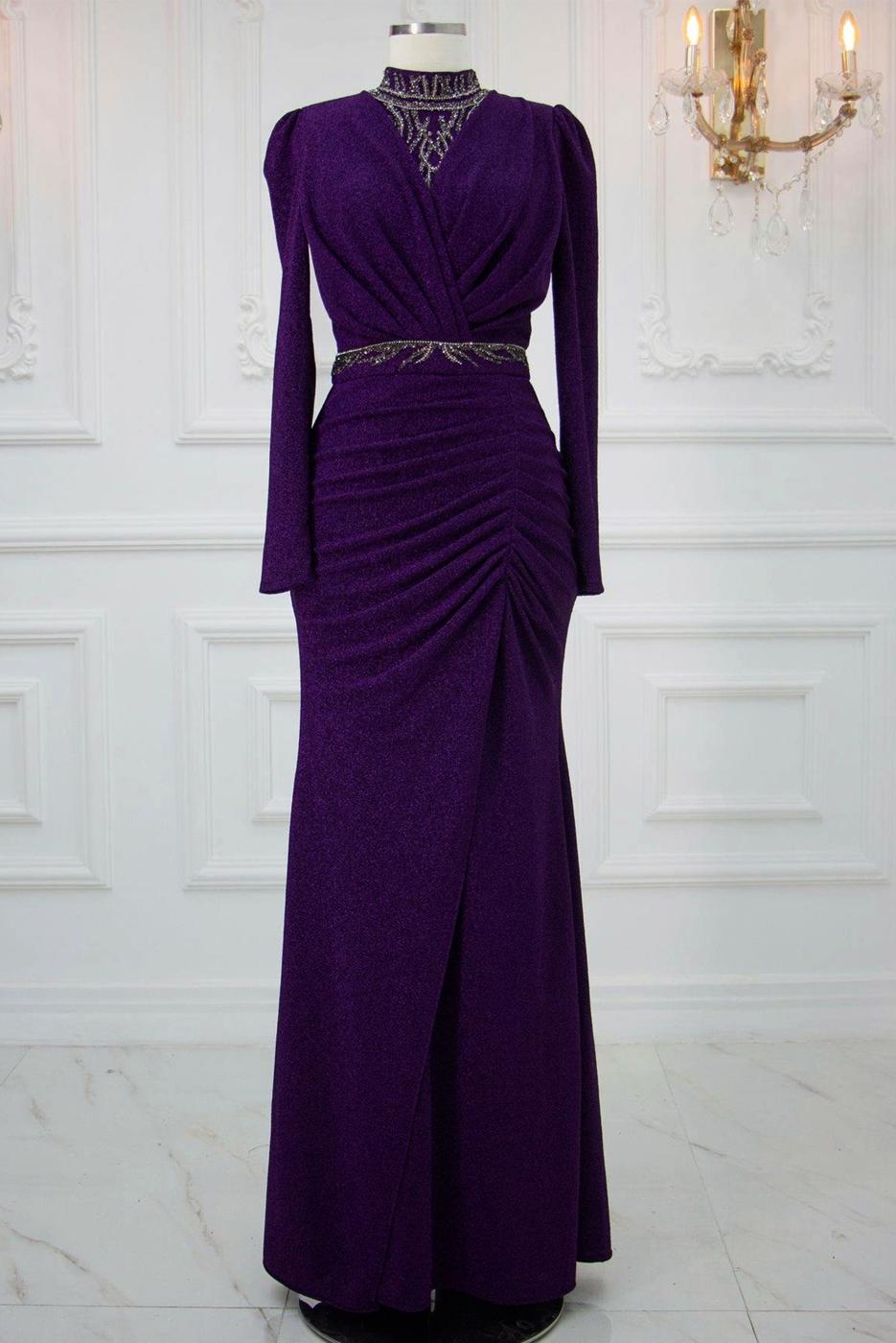 Tesettür giyim MOR TAŞ İŞLEMELİ ABİYE ELBİSE T 1753