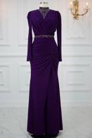 Tesettür giyim MOR TAŞ İŞLEMELİ ABİYE ELBİSE T 1753