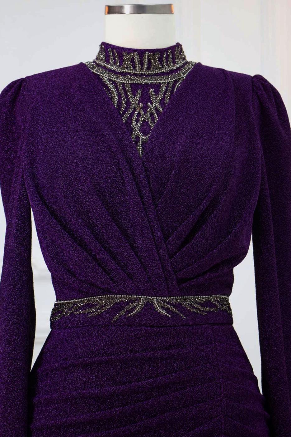 Tesettür giyim MOR TAŞ İŞLEMELİ ABİYE ELBİSE T 1753