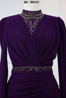 Tesettür giyim MOR TAŞ İŞLEMELİ ABİYE ELBİSE T 1753