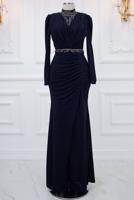 Tesettür giyim LACİVERT TAŞ İŞLEMELİ ABİYE ELBİSE T 1753