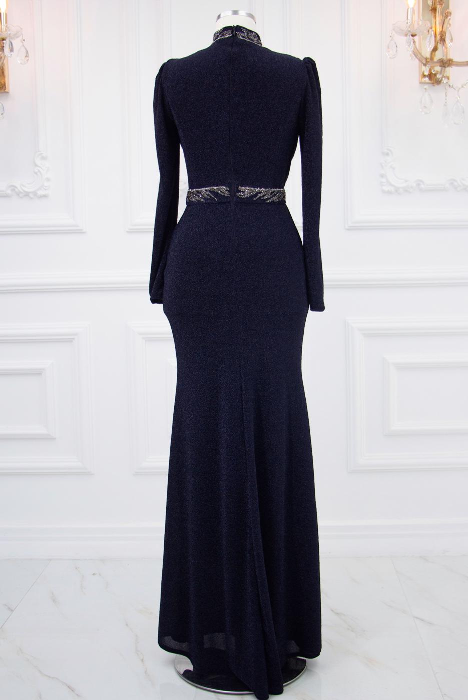 Tesettür giyim LACİVERT TAŞ İŞLEMELİ ABİYE ELBİSE T 1753