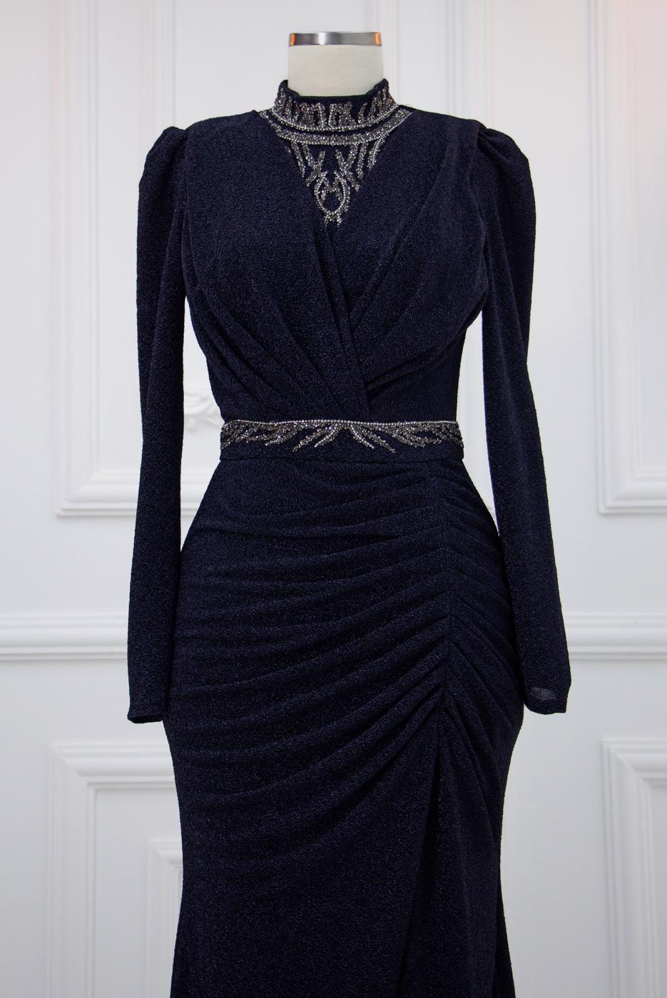 Tesettür giyim LACİVERT TAŞ İŞLEMELİ ABİYE ELBİSE T 1753