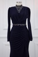 Tesettür giyim LACİVERT TAŞ İŞLEMELİ ABİYE ELBİSE T 1753