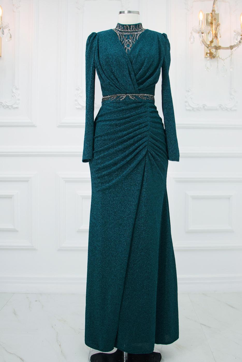 Tesettür giyim MAVİ TAŞ İŞLEMELİ ABİYE ELBİSE T 1753