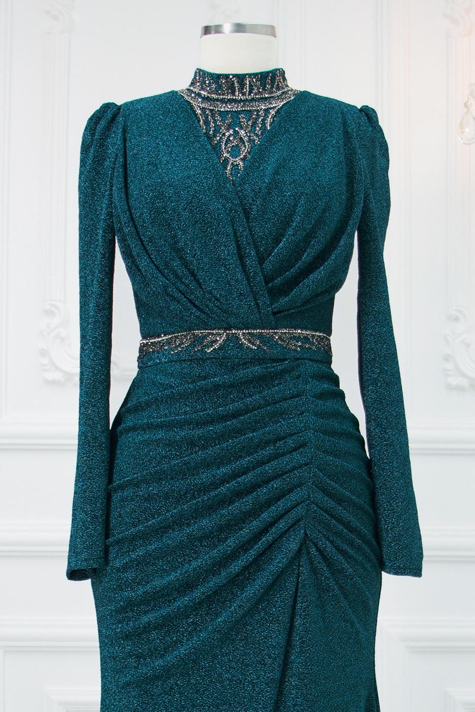 Tesettür giyim MAVİ TAŞ İŞLEMELİ ABİYE ELBİSE T 1753