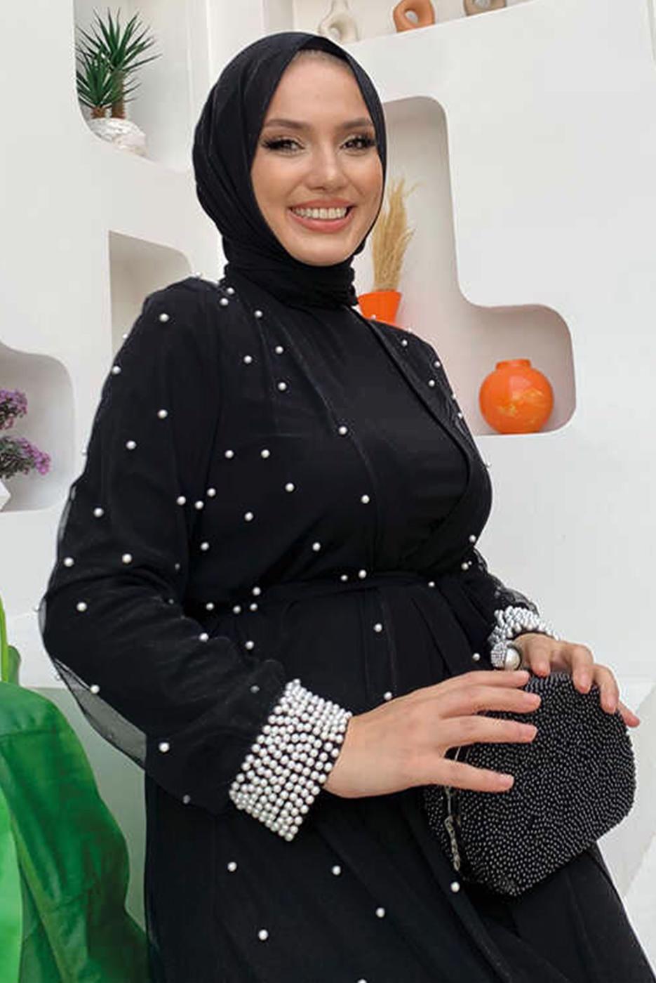 Tesettür giyim SİYAH İNCİLİ ABAYA TAKIM T 1948