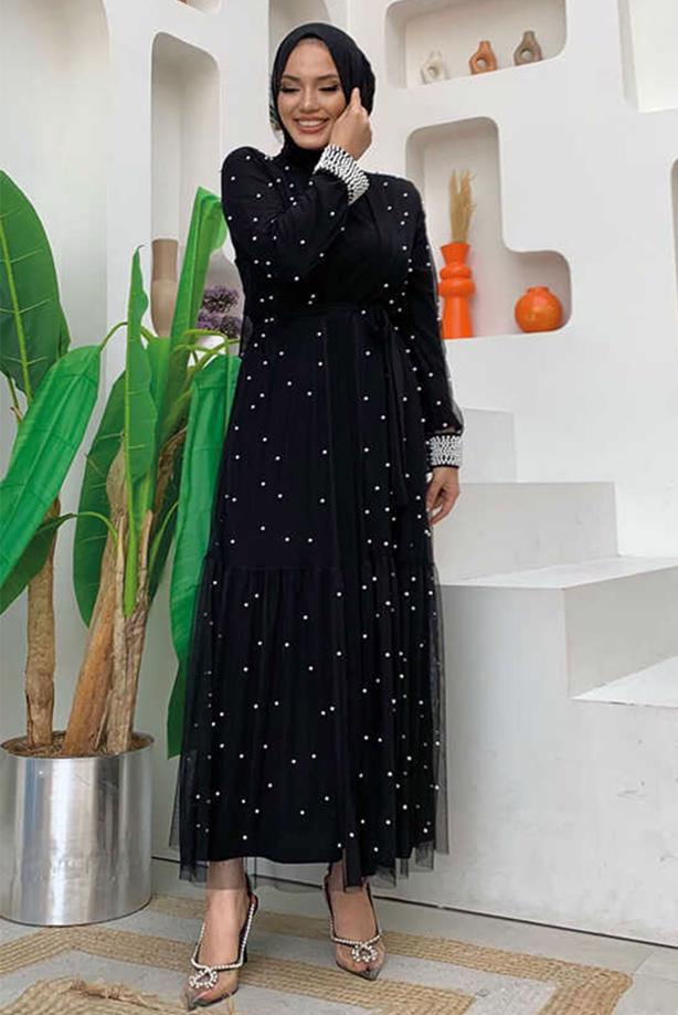 Tesettür giyim SİYAH İNCİLİ ABAYA TAKIM T 1948 - TRENDTESETTÜR