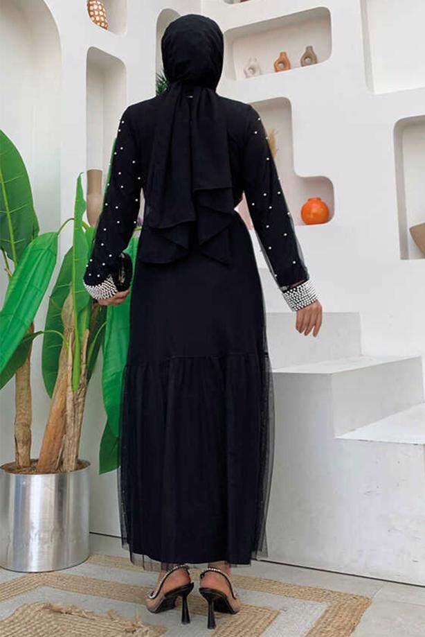Tesettür giyim SİYAH İNCİLİ ABAYA TAKIM T 1948 - TRENDTESETTÜR