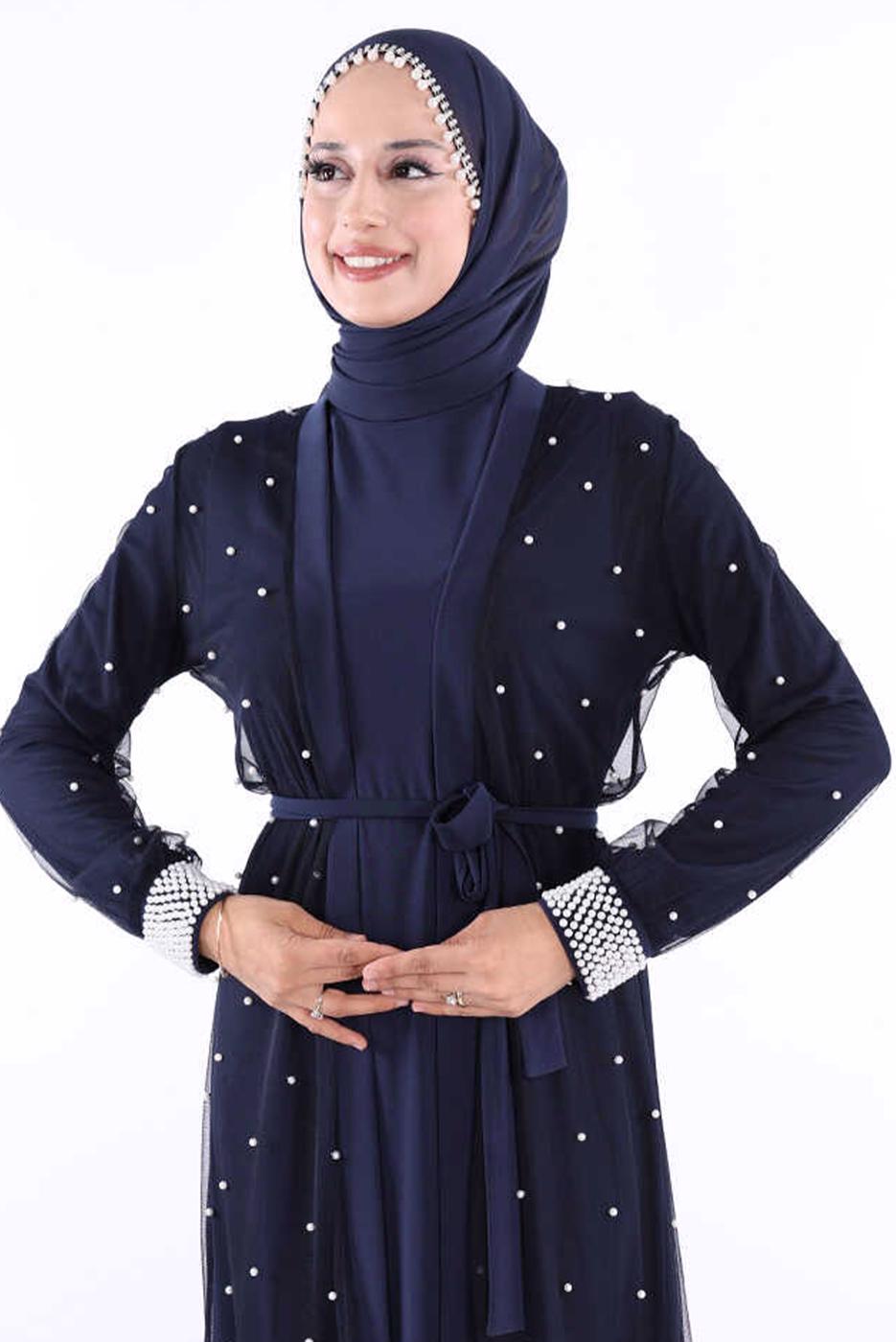 Tesettür giyim LACİVERT İNCİLİ ABAYA TAKIM T 1948