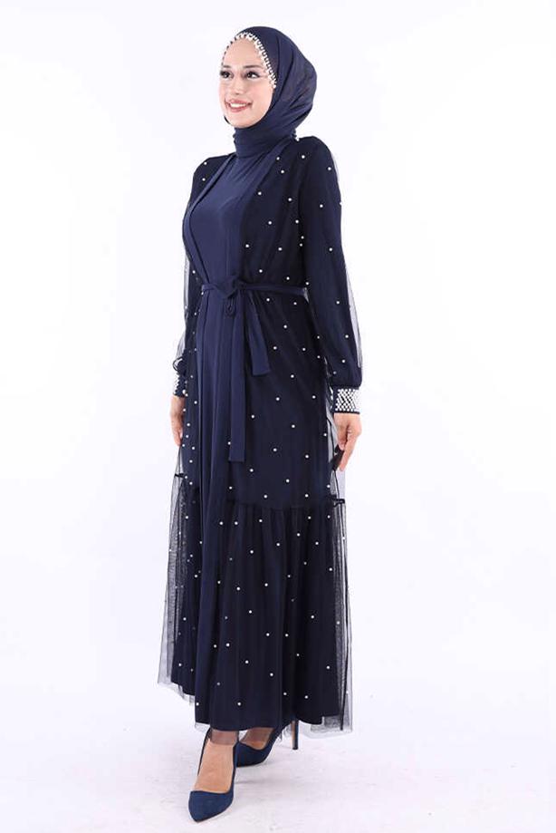 Tesettür giyim LACİVERT İNCİLİ ABAYA TAKIM T 1948 - TRENDTESETTÜR