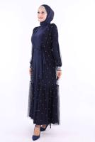 Tesettür giyim LACİVERT İNCİLİ ABAYA TAKIM T 1948