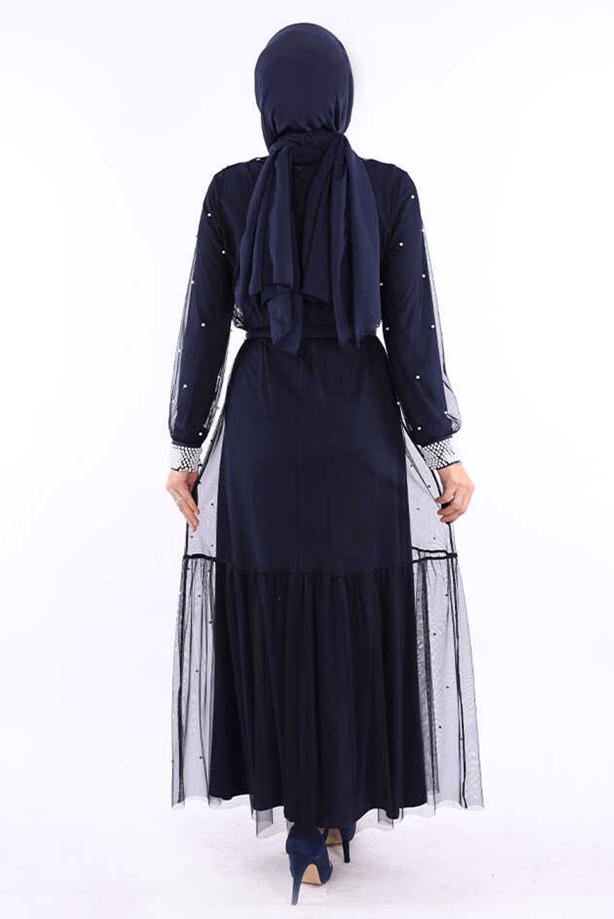 Tesettür giyim LACİVERT İNCİLİ ABAYA TAKIM T 1948 - TRENDTESETTÜR