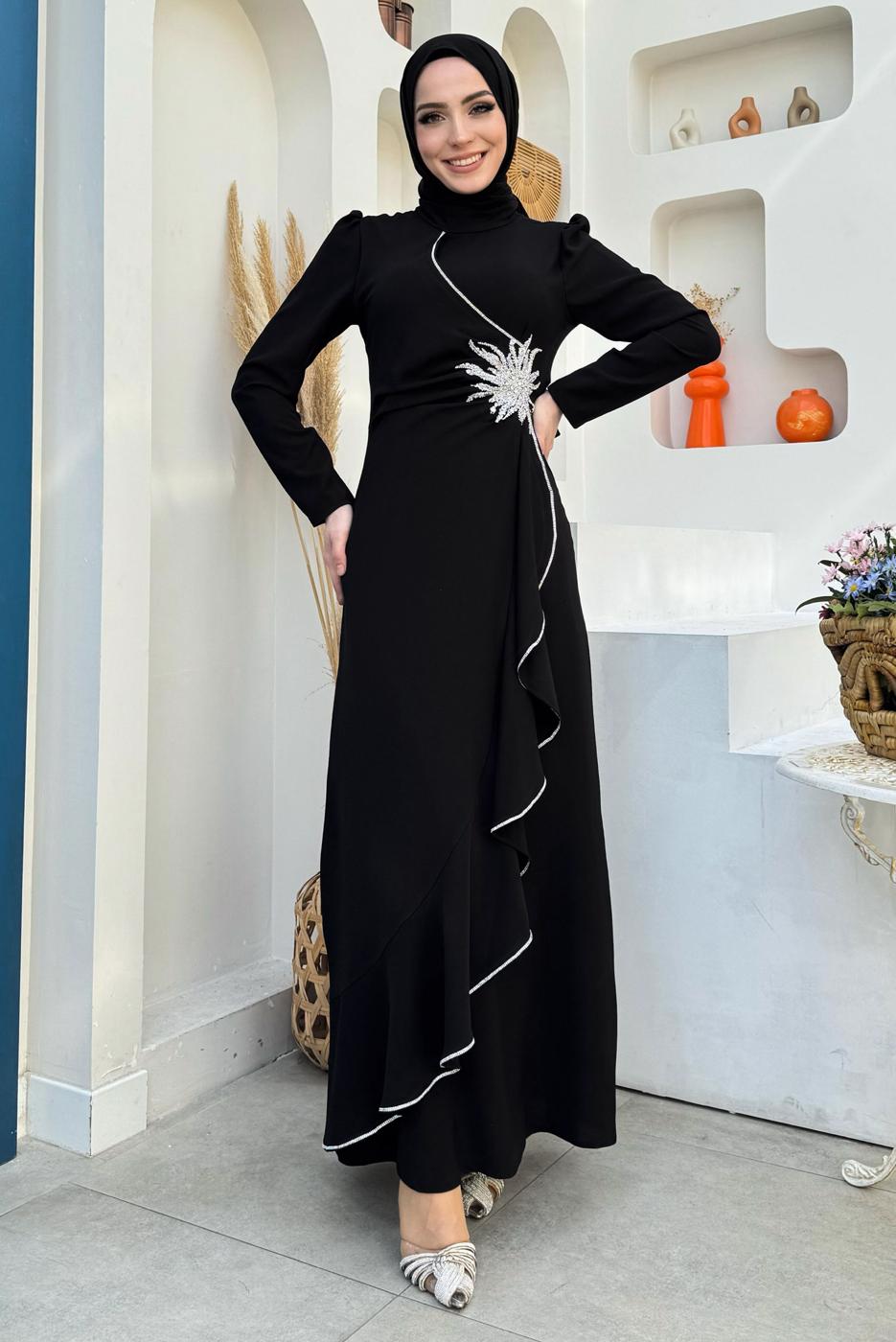 Tesettür giyim SİYAH TAŞLI FIRFIRLI ABİYE ELBİSE T 2021