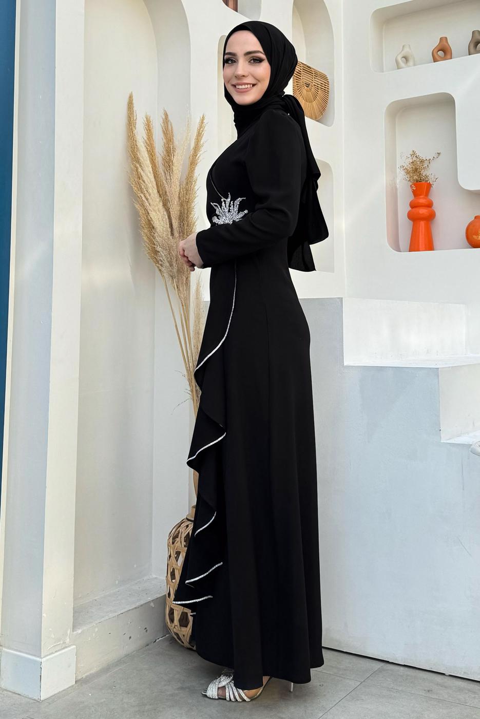 Tesettür giyim SİYAH TAŞLI FIRFIRLI ABİYE ELBİSE T 2021
