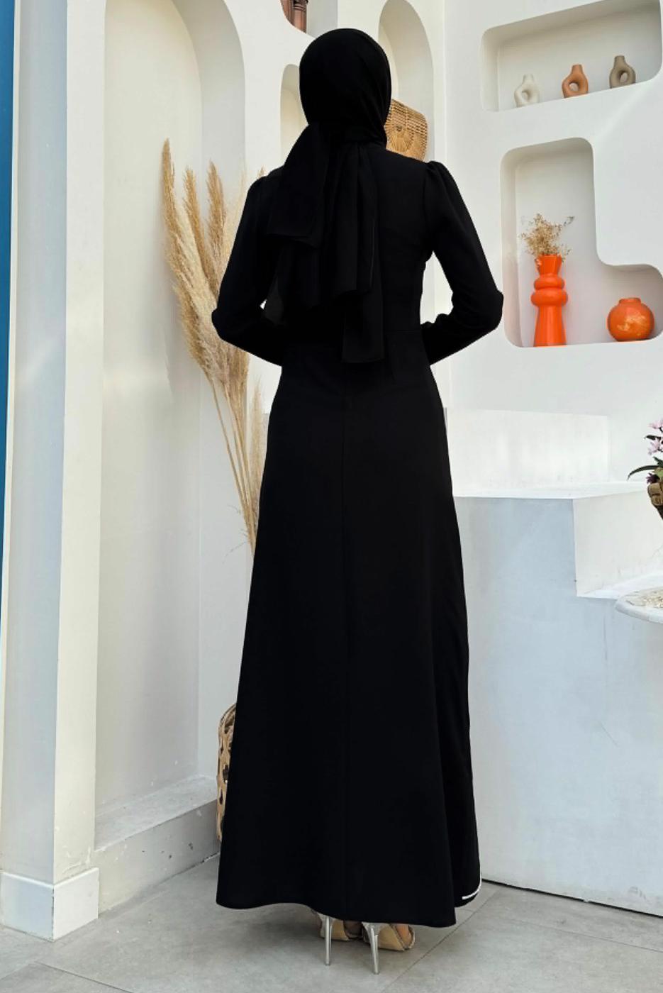 Tesettür giyim SİYAH TAŞLI FIRFIRLI ABİYE ELBİSE T 2021