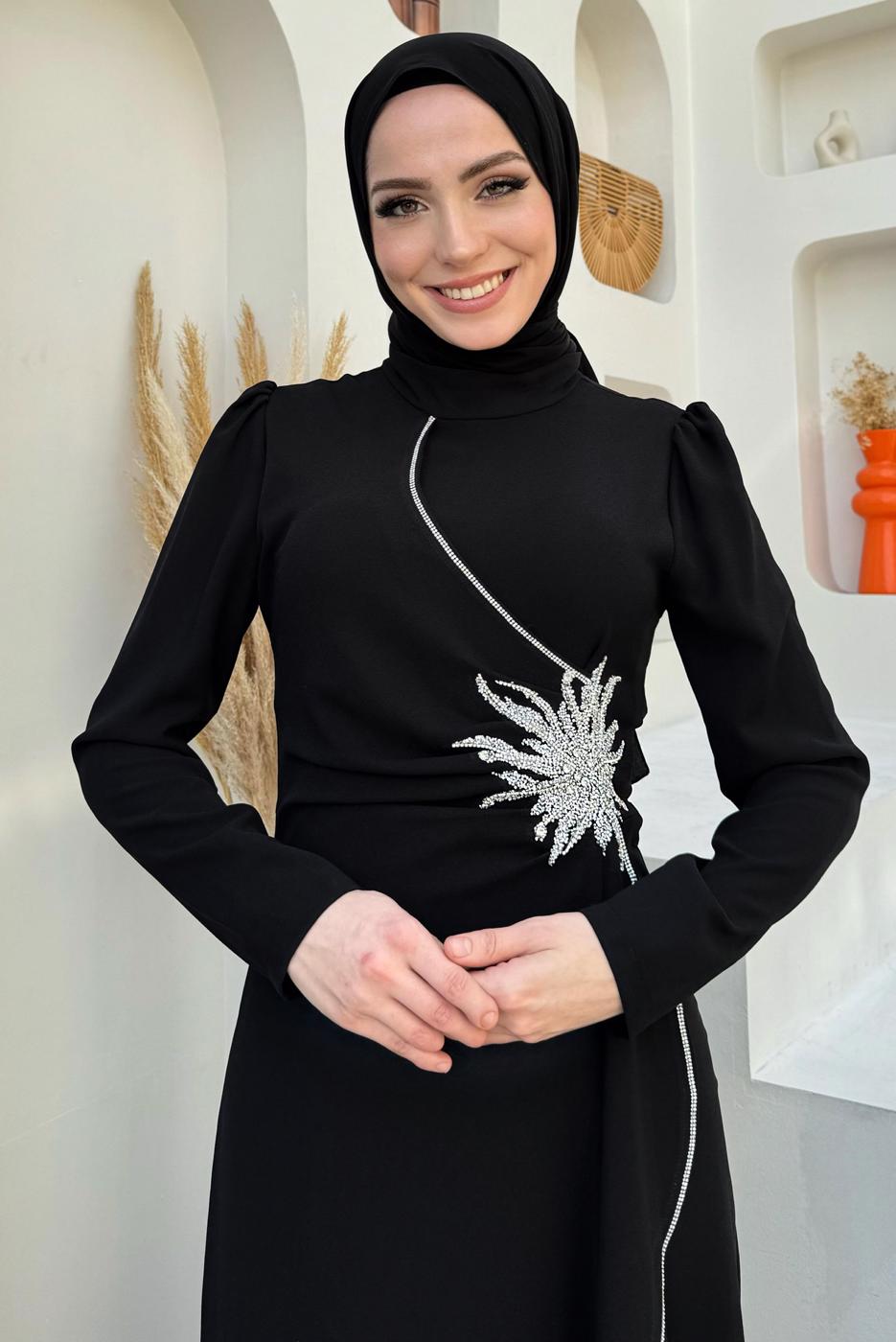 Tesettür giyim SİYAH TAŞLI FIRFIRLI ABİYE ELBİSE T 2021