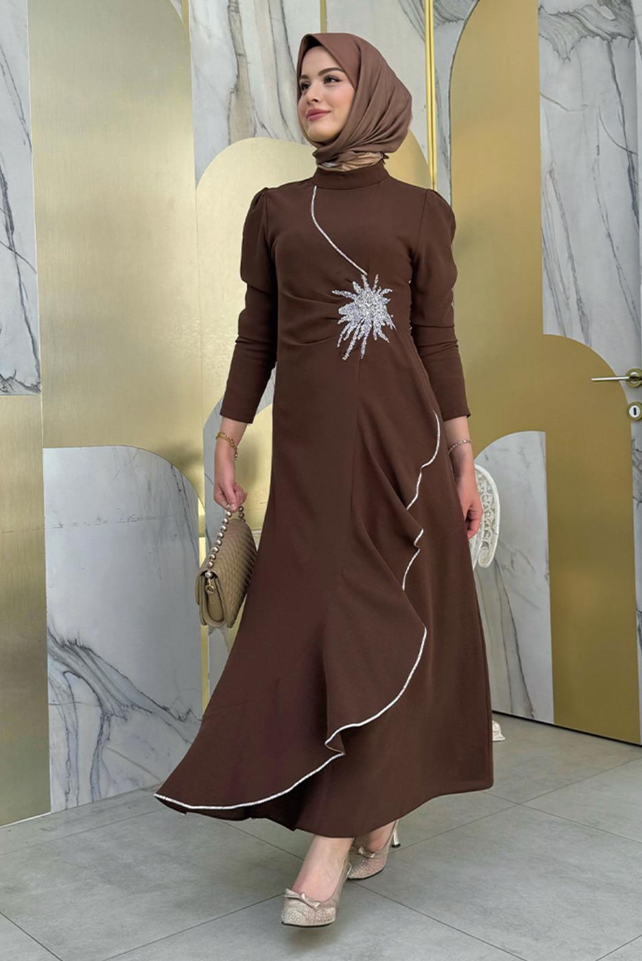 Vêtements hijab BRUN ROBE DE SOIRÉE À VOLANTS T 2021