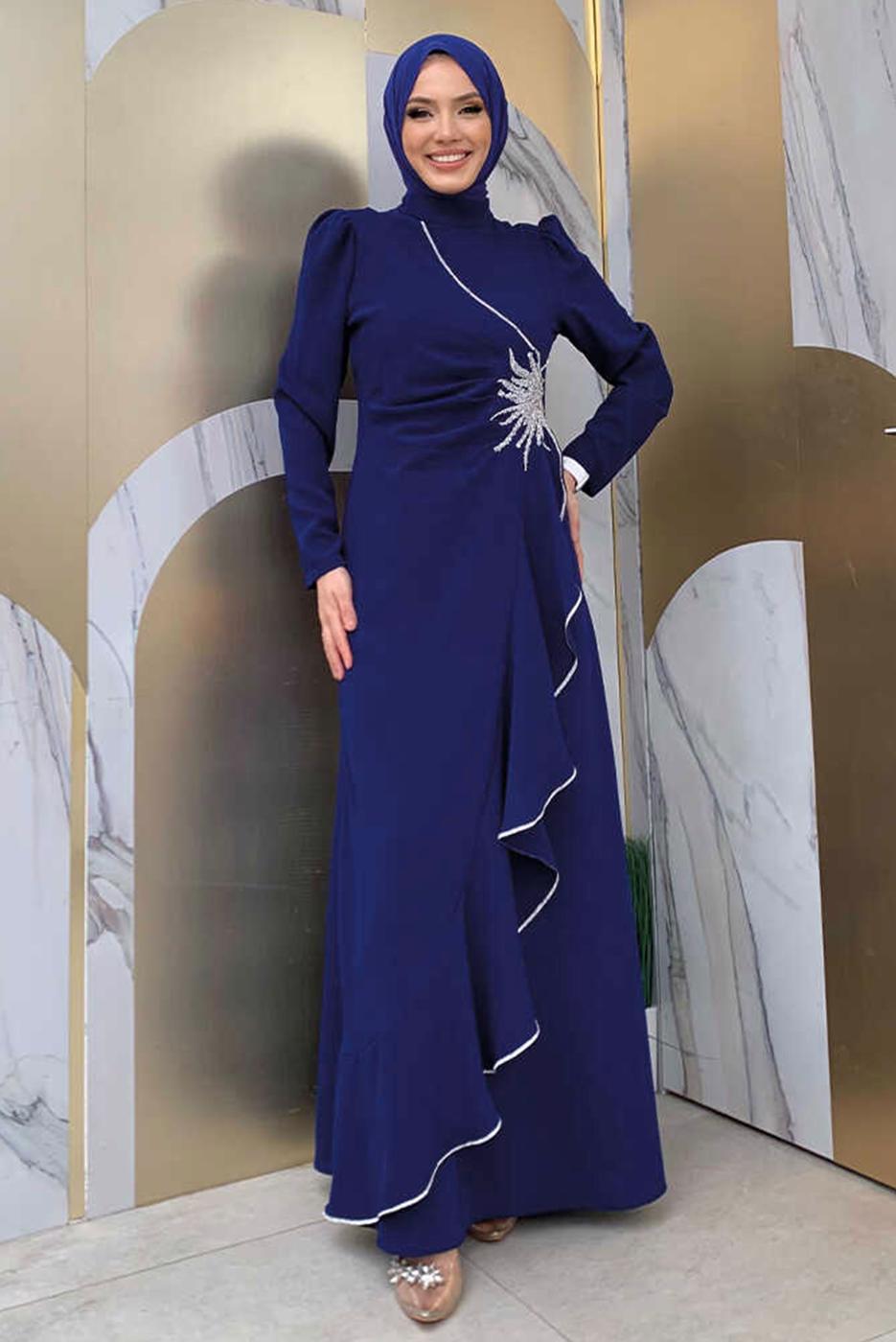 Tesettür giyim LACİVERT TAŞLI FIRFIRLI ABİYE ELBİSE T 2021
