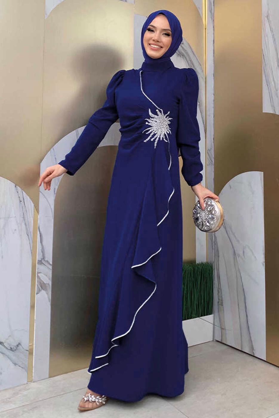 Tesettür giyim LACİVERT TAŞLI FIRFIRLI ABİYE ELBİSE T 2021