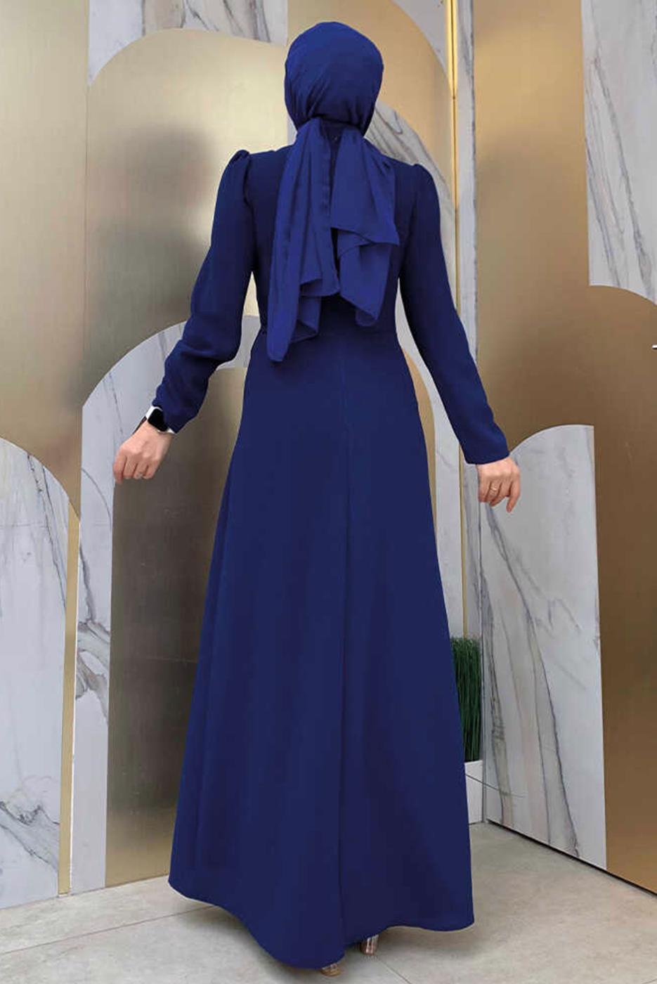 Tesettür giyim LACİVERT TAŞLI FIRFIRLI ABİYE ELBİSE T 2021