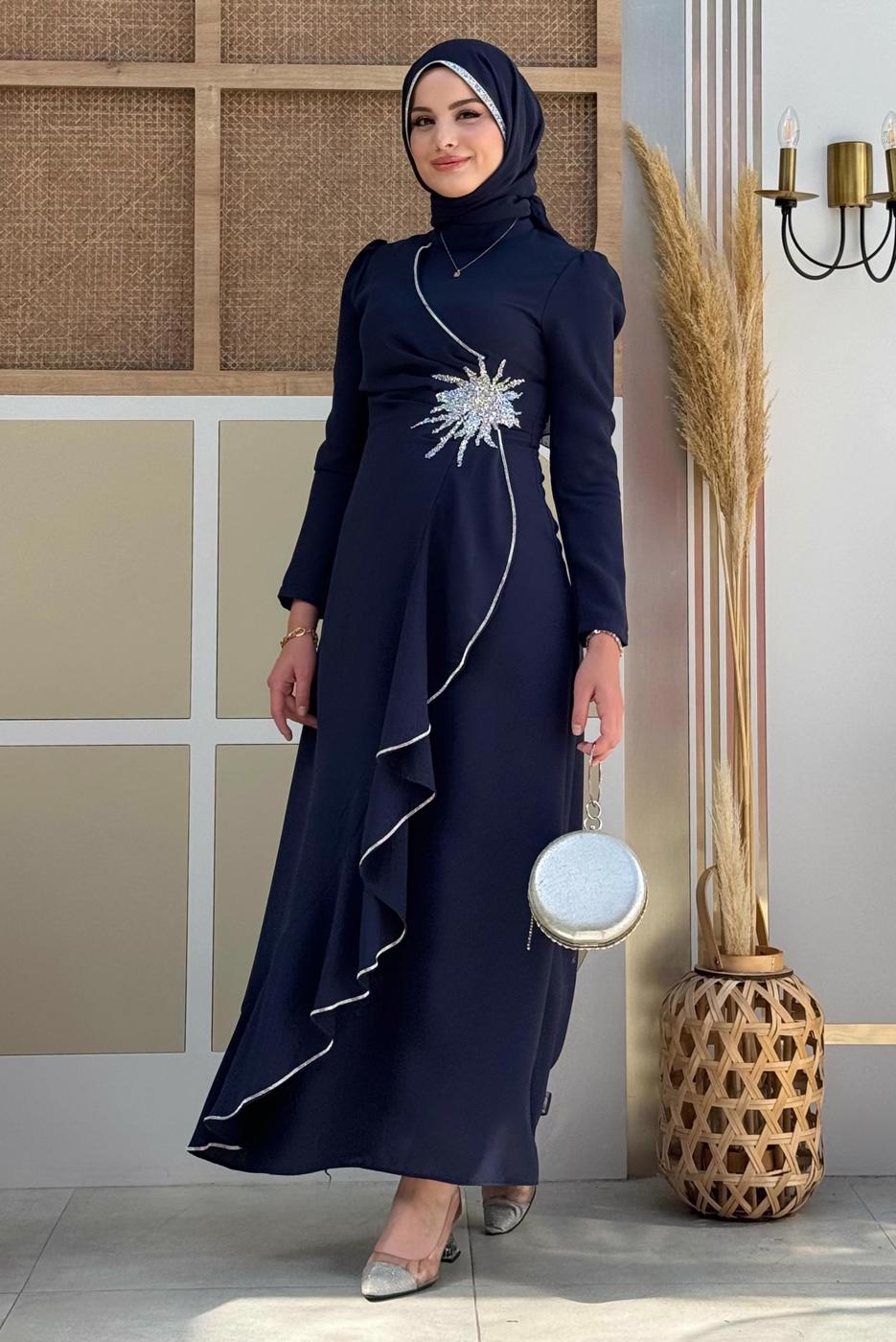 Tesettür giyim LACİVERT TAŞLI FIRFIRLI ABİYE ELBİSE T 2021