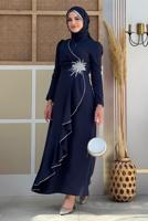 Tesettür giyim LACİVERT TAŞLI FIRFIRLI ABİYE ELBİSE T 2021