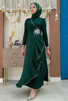 Tesettür giyim YEŞİL TAŞLI FIRFIRLI ABİYE ELBİSE T 2021