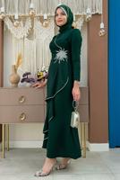 Tesettür giyim YEŞİL TAŞLI FIRFIRLI ABİYE ELBİSE T 2021