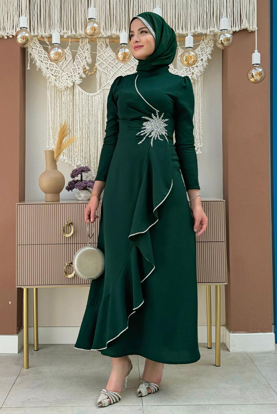 Tesettür giyim YEŞİL TAŞLI FIRFIRLI ABİYE ELBİSE T 2021