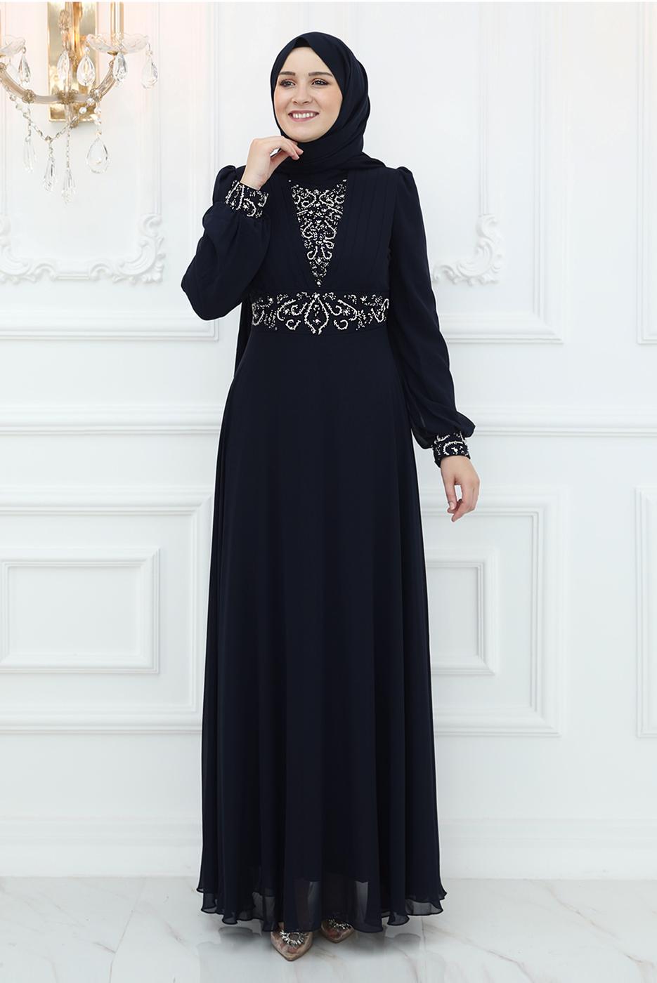 Tesettür giyim SİYAH TAŞ İŞLEMELİ ABİYE ELBİSE T 2653