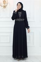 Tesettür giyim SİYAH TAŞ İŞLEMELİ ABİYE ELBİSE T 2653