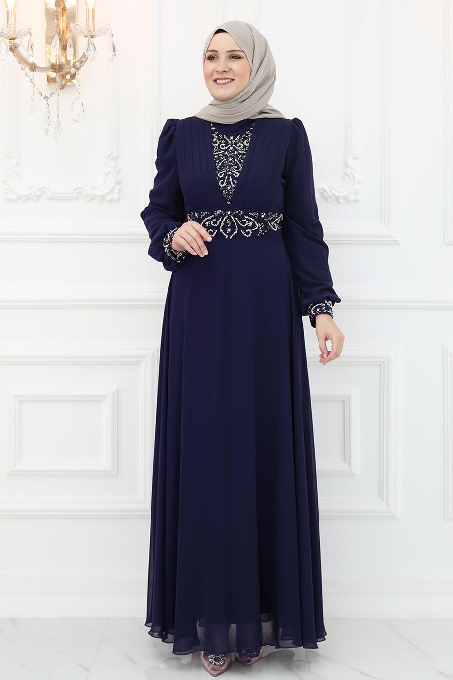 Tesettür giyim LACİVERT TAŞ İŞLEMELİ ABİYE ELBİSE T 2653