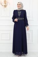 Tesettür giyim LACİVERT TAŞ İŞLEMELİ ABİYE ELBİSE T 2653