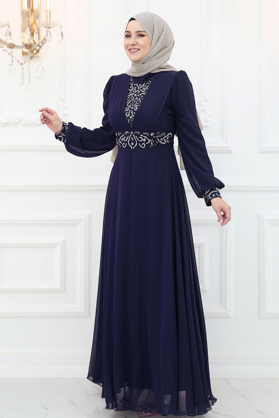 Tesettür giyim LACİVERT TAŞ İŞLEMELİ ABİYE ELBİSE T 2653