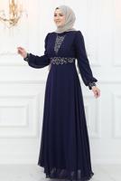 Tesettür giyim LACİVERT TAŞ İŞLEMELİ ABİYE ELBİSE T 2653