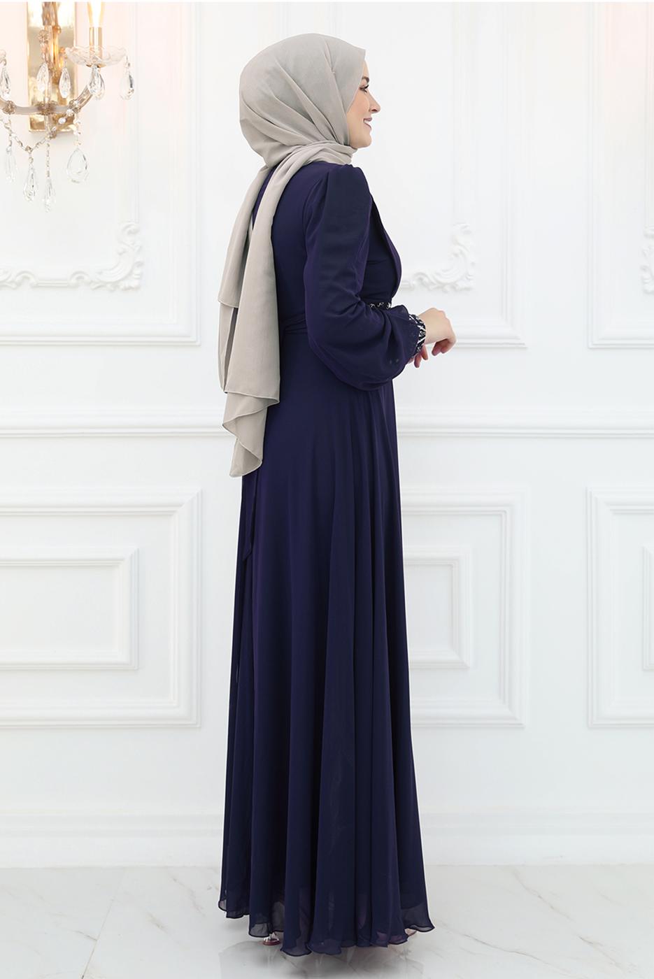 Tesettür giyim LACİVERT TAŞ İŞLEMELİ ABİYE ELBİSE T 2653