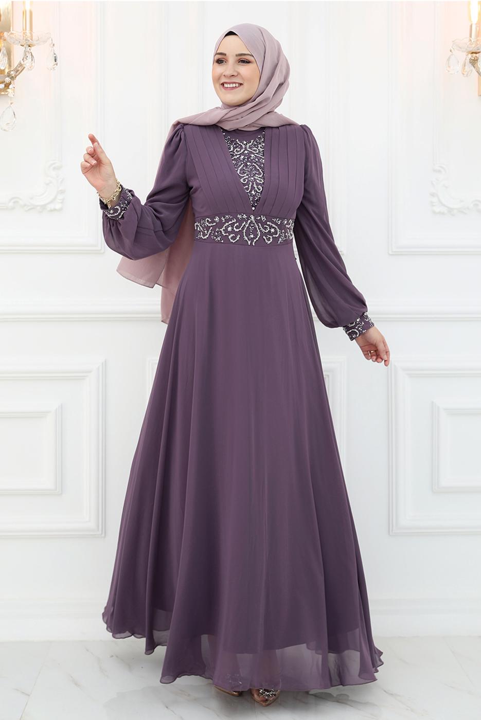 Tesettür giyim MOR TAŞ İŞLEMELİ ABİYE ELBİSE T 2653