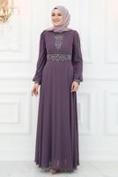 Tesettür giyim MOR TAŞ İŞLEMELİ ABİYE ELBİSE T 2653
